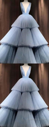Blue V Neck Tulle Long Prom Dress, Blue Tulle Evening Dress